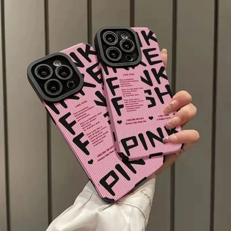 Stylish Pink Letter Pattern Cute Phone Case For iPhone 15, 14, 13, 12 Pro, 11, XS Max, 7, 8 Plus, X, XR, SE