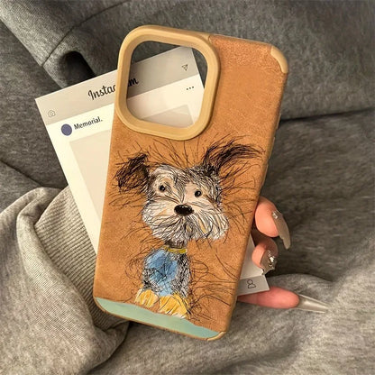 Cute Phone Cases For iPhone 11 12 13 14 15 16 Pro Max XS X XR 16 Plus - Dog Cat Suede Pattern - Leather Bumper Cover