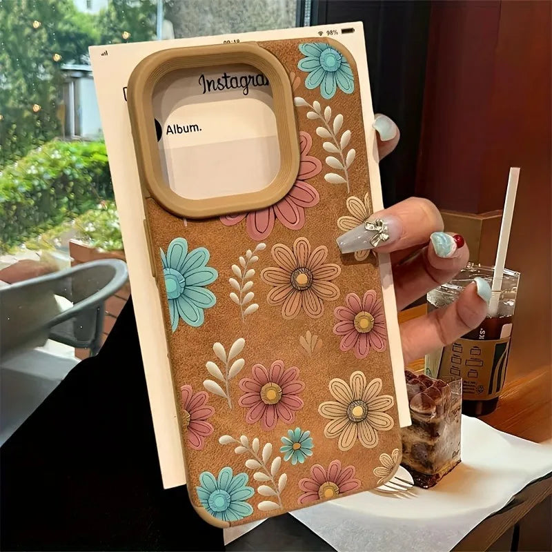 Cute Phone Cases For iPhone 16 15 14 13 12 11 Pro XS Max XR X 15 Plus 16 Pro Max - Line Flower Sunflower Pattern - Leather Matte Cover - Touchy Style