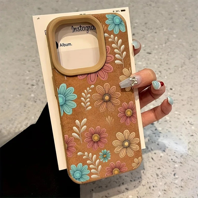 Cute Phone Cases For iPhone 16 15 14 13 12 11 Pro XS Max XR X 15 Plus 16 Pro Max - Line Flower Sunflower Pattern - Leather Matte Cover - Touchy Style