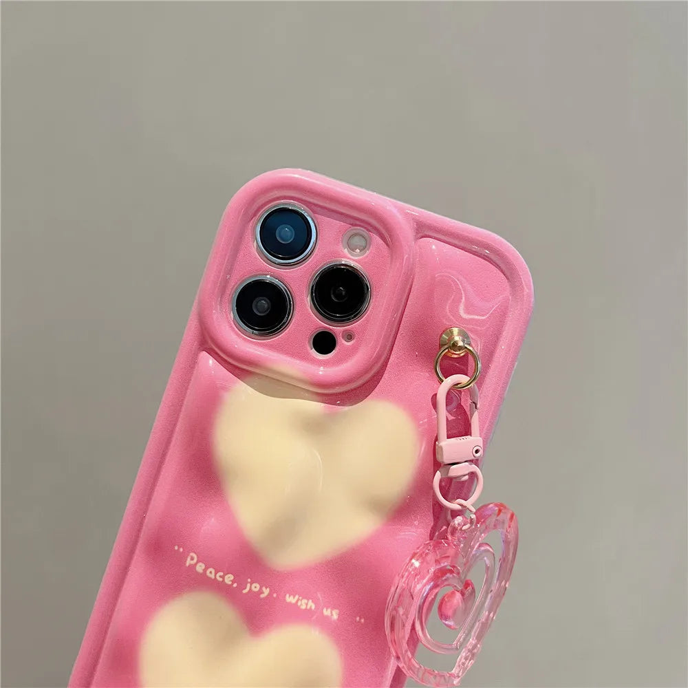 Cute Phone Cases For iPhone 11, 12, 13, 14, Pro Max, XR, X, XS, and 14 Plus - 3D Pink Heart Keychain, Soft Cover - TSP433