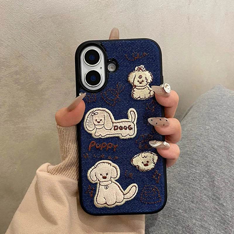 Cute Phone Cases For iPhone 16 Pro Max, 15, 13, 14, 12, 11 - Cartoon Embroidered Dog - Fabric Back Cover - PC9410 - Touchy Style