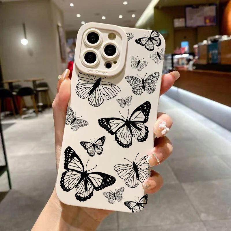 Cute Phone Cases For iPhone 16 15 Pro Max 14 Plus 13 12 Mini 11 - Black Butterfly Graphic Printing Back Cover