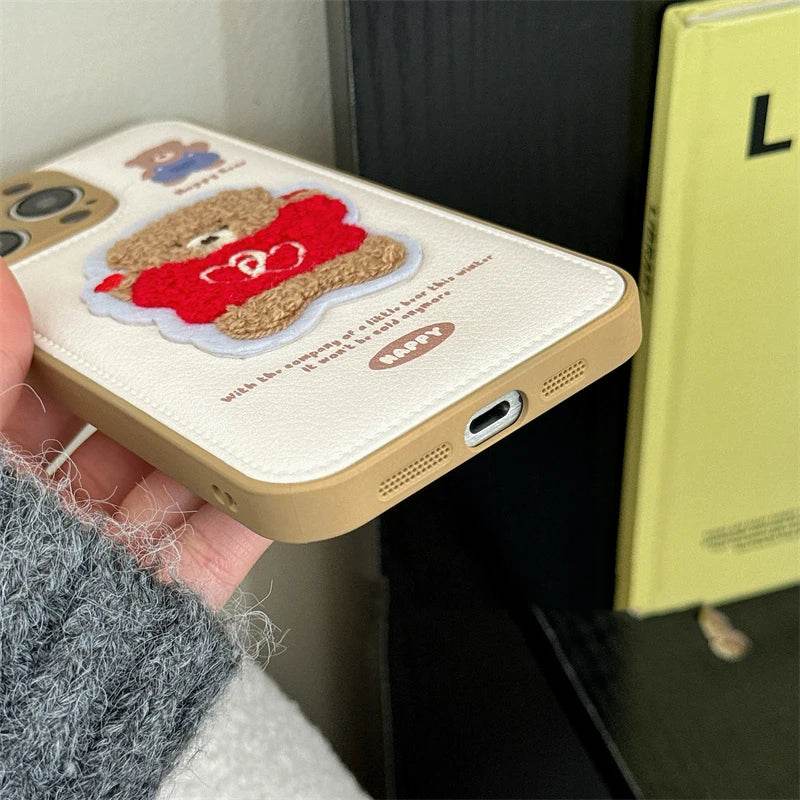 Cute Phone Cases For iPhone 16 Pro Max, 15, 13, 14 - Embroidered Heart &amp; Bear Pattern - Leather Cover - PC1421 - Touchy Style