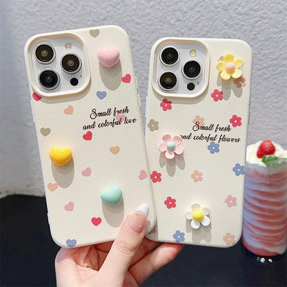 Cute Phone Cases for iPhone 15, 14, 13, 12, and 11 Pro Max - 3D Hearts &amp; Flowers - Leather Cover - TSP334