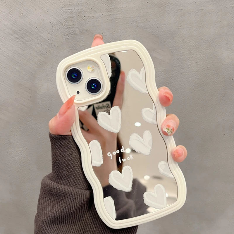 Korean White Heart Makeup Mirror Cute Phone Cases For iPhone 14 Pro Max 13 11 12 14 Plus XS X XR