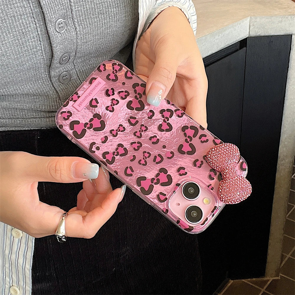 Cute Phone Cases: Stylish Leopard 3D Glitter Bow for iPhone 11-15 Pro Max - TSP317