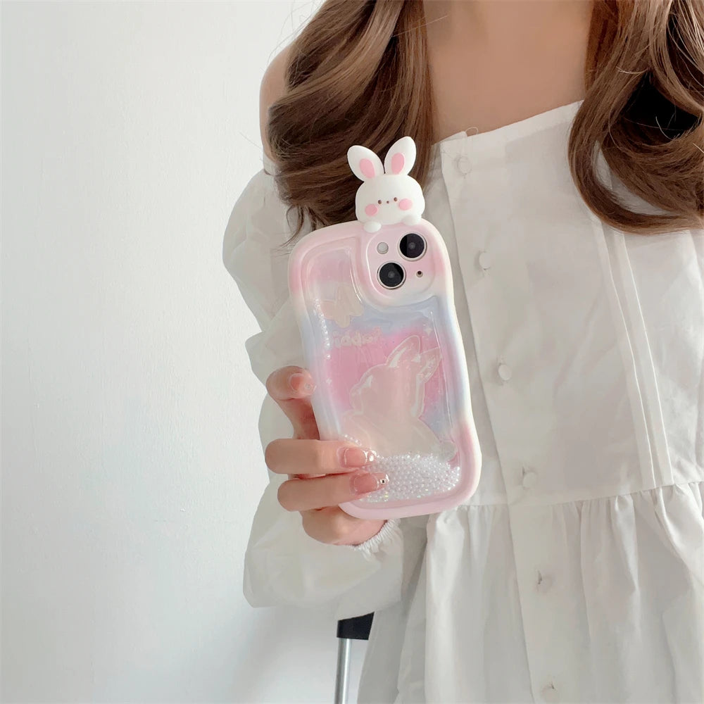 Cute Phone Cases: 3D Rabbit Quicksand Glitter Silicone for iPhone 11-15 Pro Max - TSP291