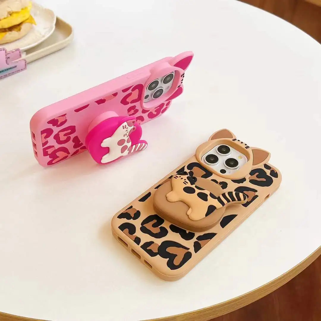 Cute Phone Cases - 3D Heart Leopard and Printed Cat Bracket - Cat Ears Kitten Camera Protection Cover - IC5021