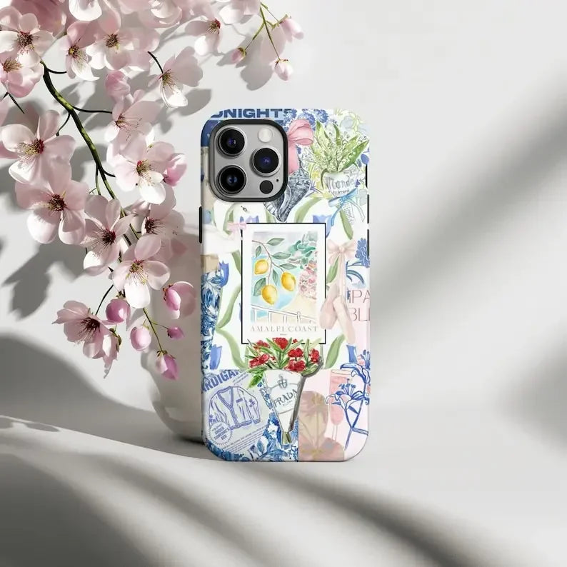 Cute Phone Cases For iPhone 16, 15PRO MAX, 14, 13, 12, 11 PRO, 11 Plus - Blue Flower Collage - Acrylic TPU Cover - PC002