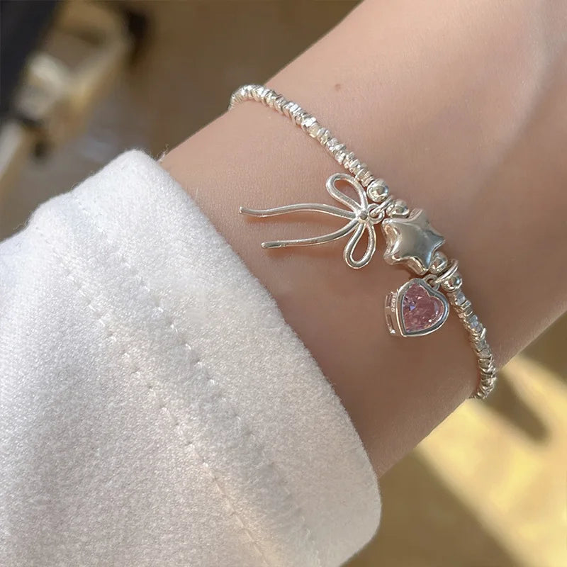 925 Sterling Silver Bracelets Necklaces Charm Jewelry - Zircon Heart &amp; Bowknot Stars Bead - Snake Bone Chain - B8110 - Touchy Style