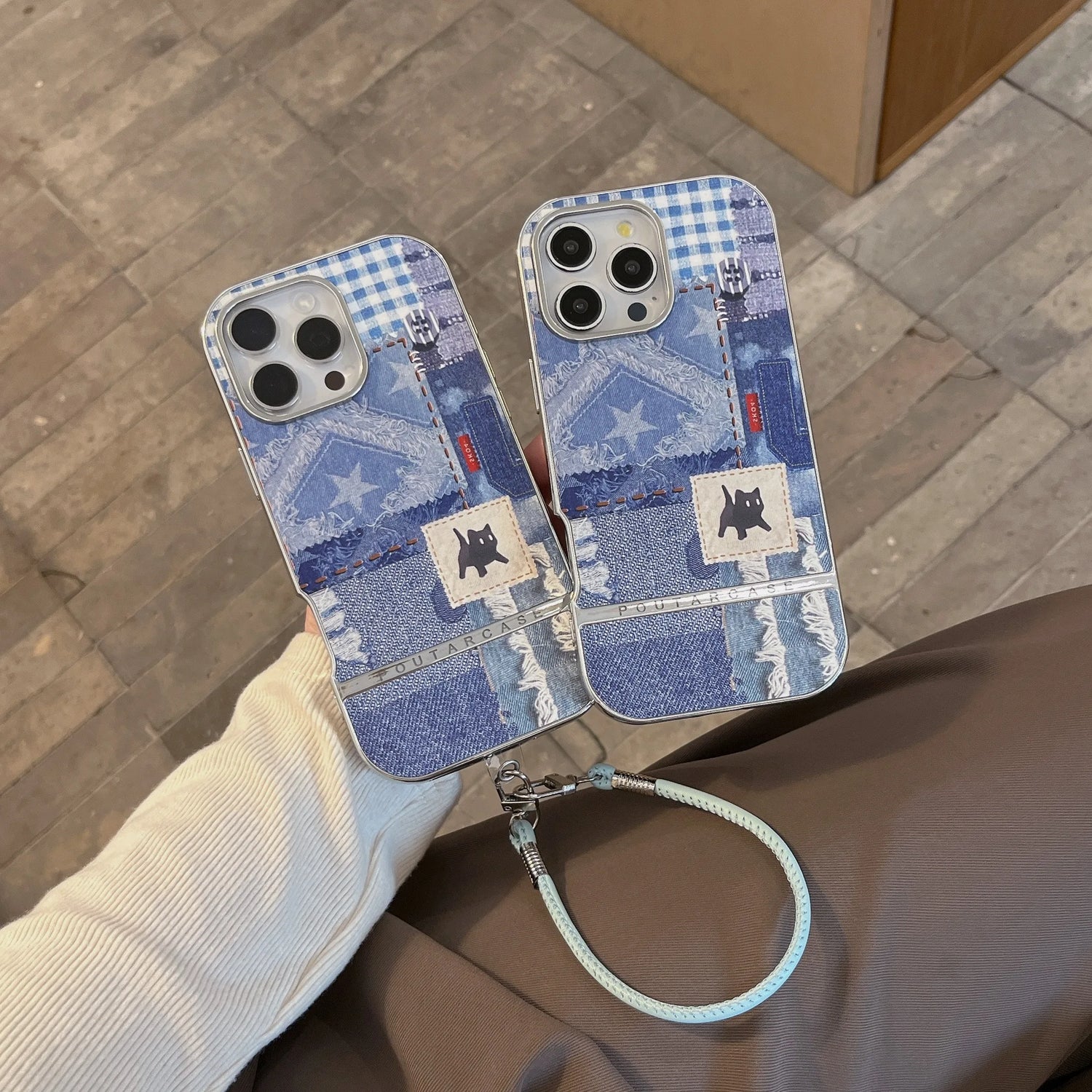 Cute Phone Cases For iPhone 16, 15, 14, 13 Pro Max - Splicing Denim Cloth Little Cat Pattern - Back Cover with Wrist Strap - PC6320