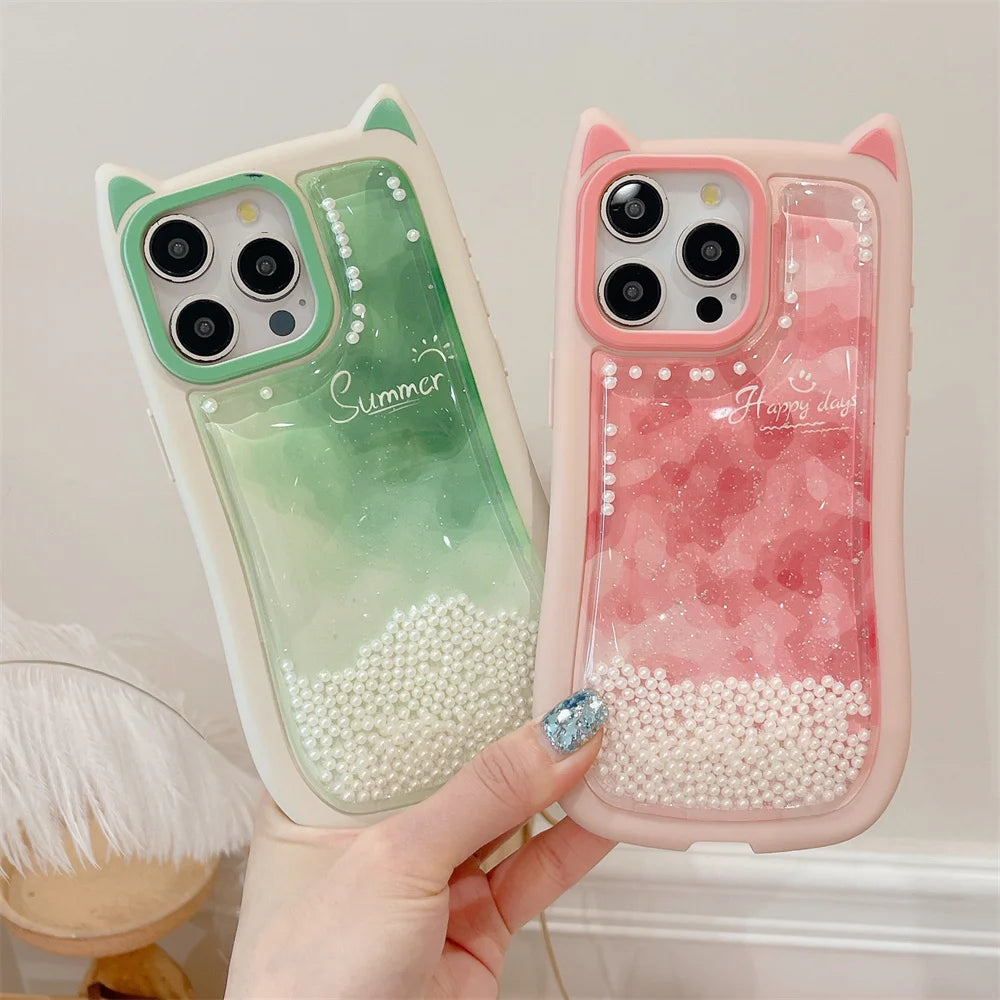 Cute Phone Cases: Gradient Pink Green Cat Ears Back Cover for iPhone 11-15 Pro Max - TSP290