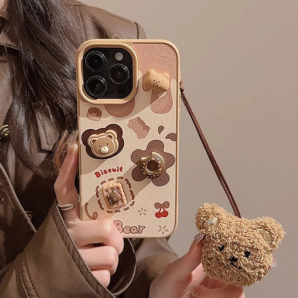 Cute Phone Cases For iPhone 16, 15, 14, 13, 12, 11 Pro Max - Chocolate, Bear, Biscuit, Doughnut Cover with Plush Doll Pendant - IC1150