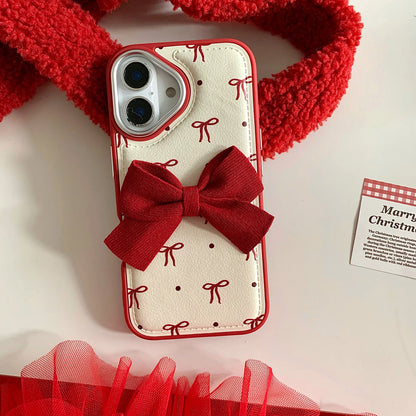 Cute Phone Cases - Leather Texture Red Bowknots - Vintage Back Cover for iPhone 16 15 14 13 Pro Max