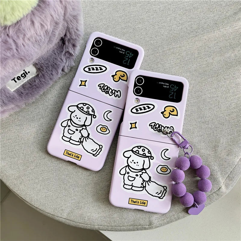 TSP76 Cute Phone Cases For Galaxy Z Flip 3 4 Flip4 5G - Cartoon Purple Cover With Lanyard