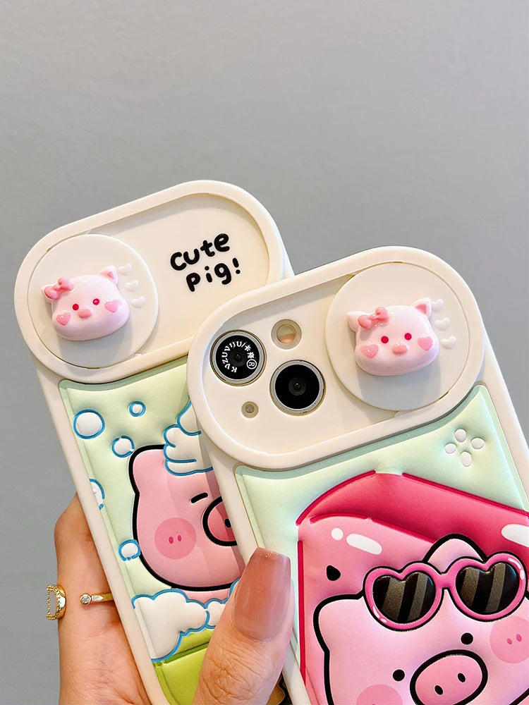 Cute Phone Cases: Cartoon Pig Lens Protector Case with Bracelet for iPhone 15/14/13/12 Pro Max - TSP314