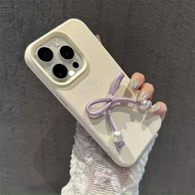 Cute Phone Cases For iPhone 16, 15, 14, 13, 12 Pro, 11 Plus, 11 Pro Max - 3D Pearl Bowknot PU Soft Cover - PC0220