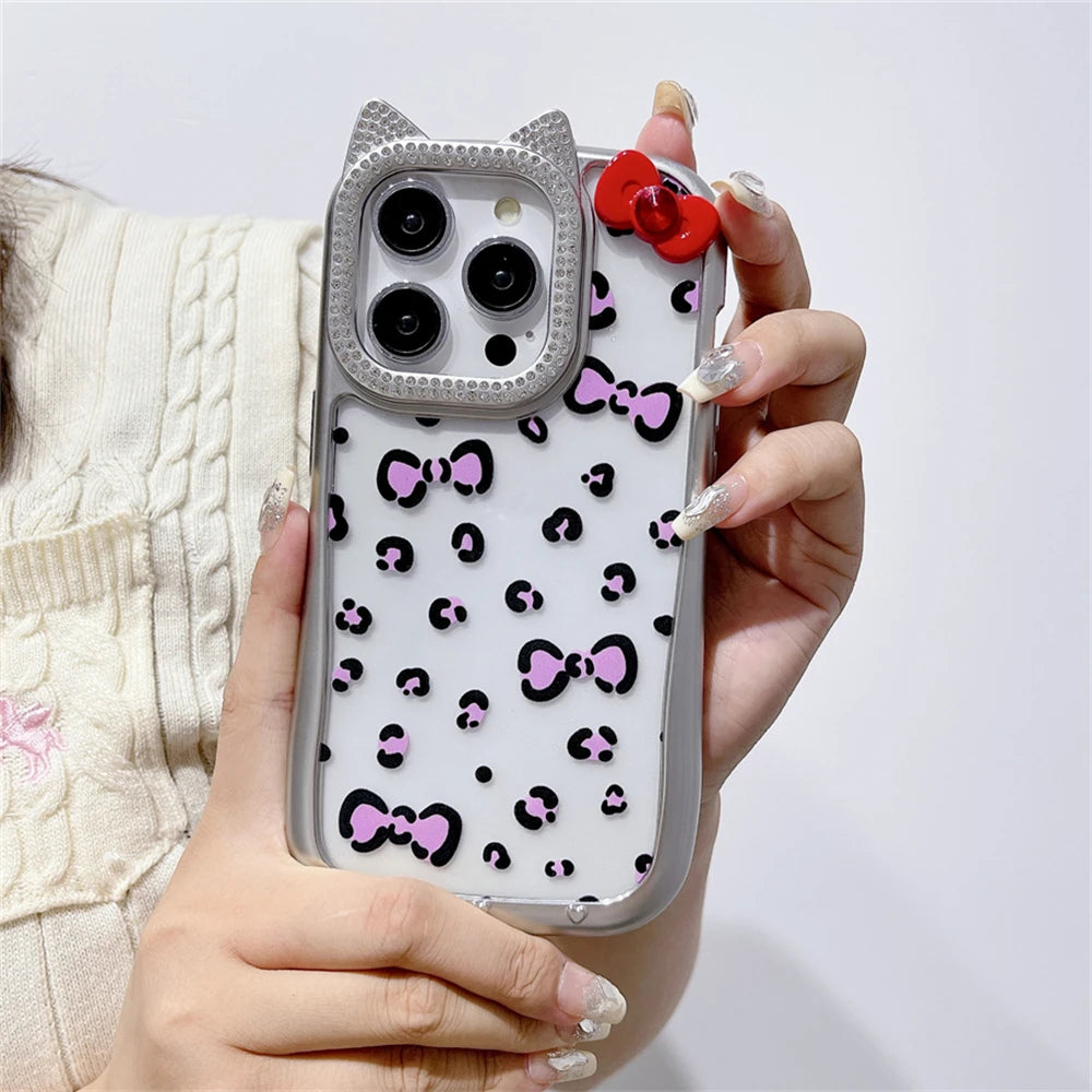 Cute Phone Cases: Leopard Bowknot Cat Ear Silver Case for iPhone 15/14/13/12 Pro Max - TSP313