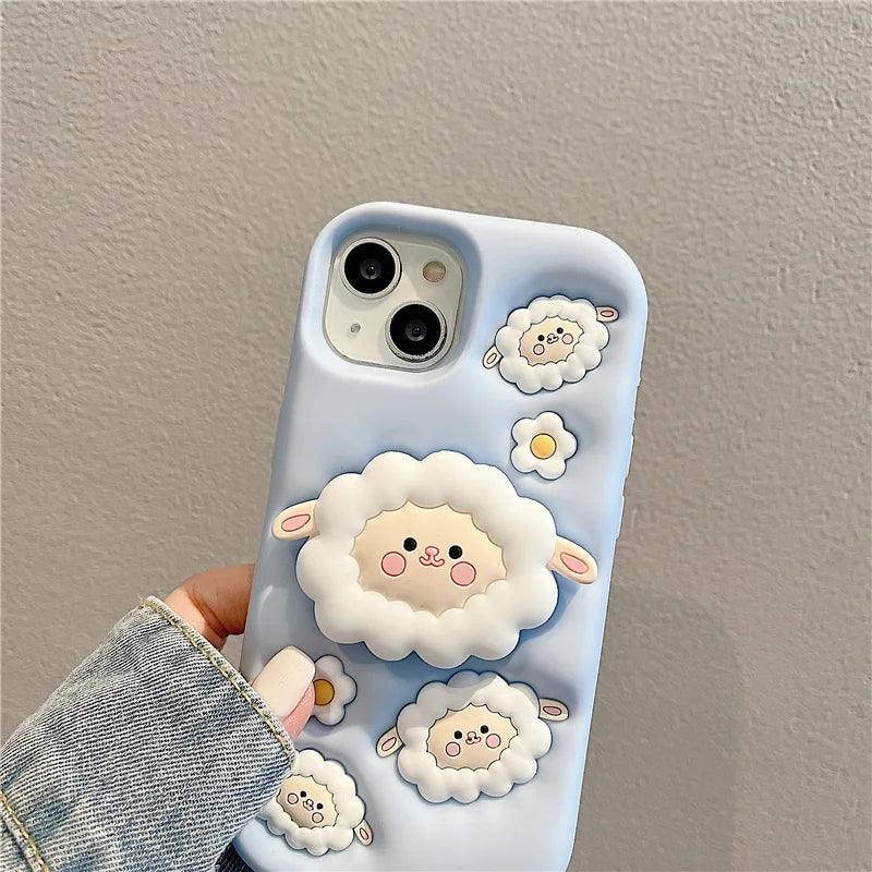 Cute Phone Cases For iPhone 15, 13, 14, 12 Pro Max, 11, and 14 Pro Max - White Sheep - Folding Stand Holder  - TSP253