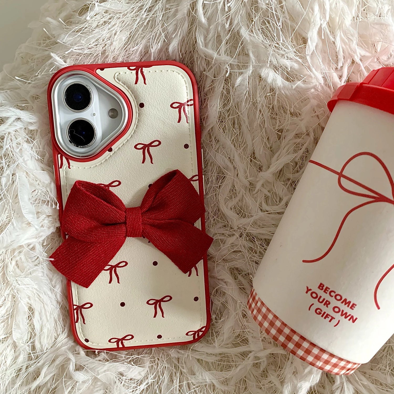 Cute Phone Cases - Leather Texture Red Bowknots - Vintage Back Cover for iPhone 16 15 14 13 Pro Max