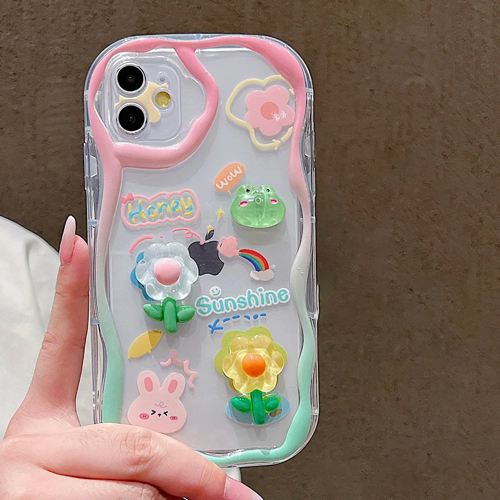 TSP181-B Cute Phone Cases For iPhone 15, 14, 13 Pro Max - With Cartoon Bracelet Chain, Transparent Cover