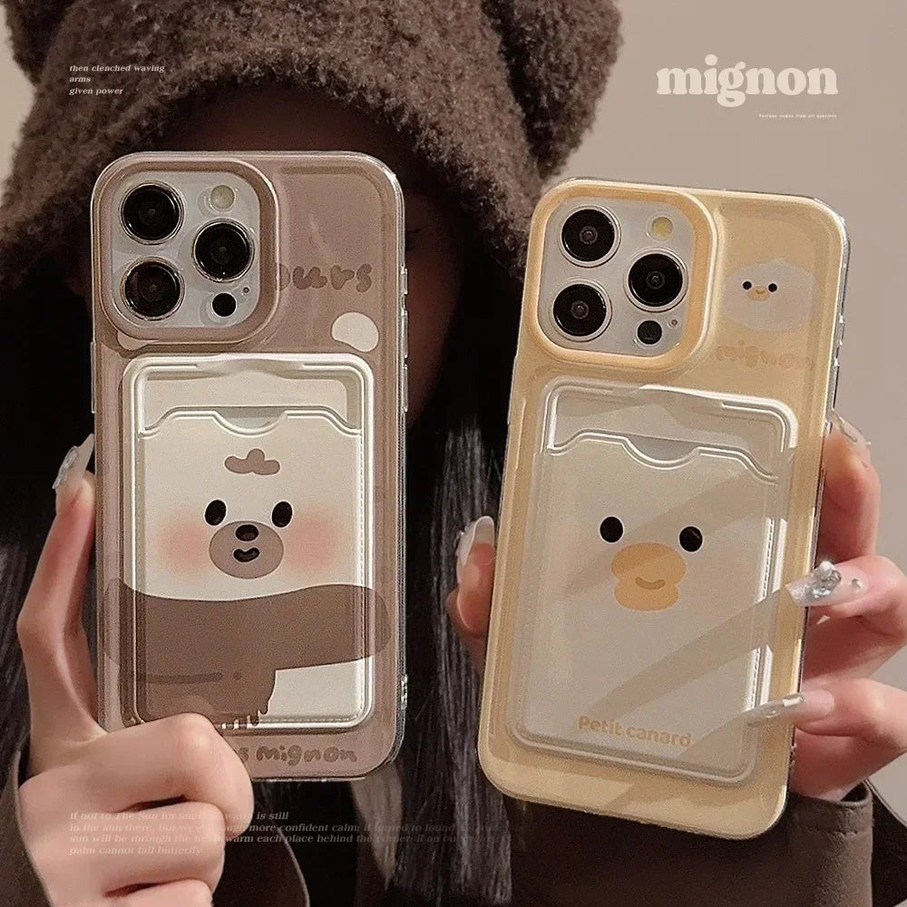 Cute Phone Cases For iPhone 16, 15, 14, 13, 12, 11 Pro Max, Xr, 16 Plus - Funny Photo Card Holder - Scarf Bear duck Pattern - IP6490 - Touchy Style