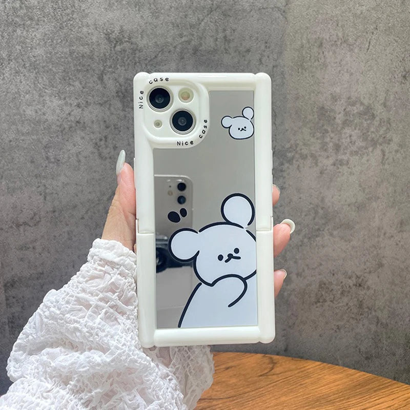 Cute Phone Cases - White Puppy Dog Makeup Mirror with Kickstand for iPhone 11-15 Pro Max - TSP297