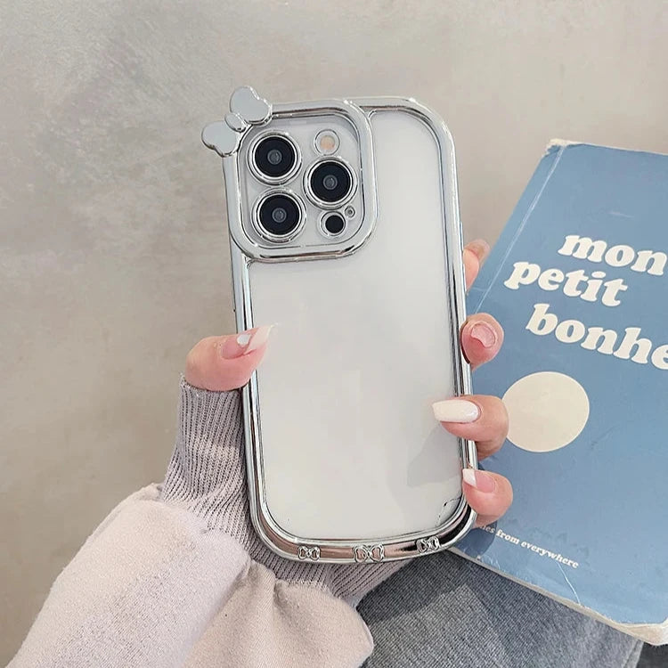 Cute Phone Cases For iPhone 11, 12, 13, 14, or 15 Pro Max - Plating Silver Bowknot - Transparent Cover - TSP257