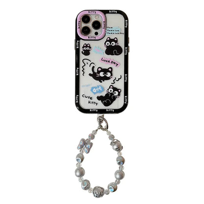 Cute Phone Cases For iPhone 16, 15, 14, 13, 12, 11 Pro Max, Xr, 16 Plus - Funny Black Cat Cartoon Cover with Wristchain - IC9420