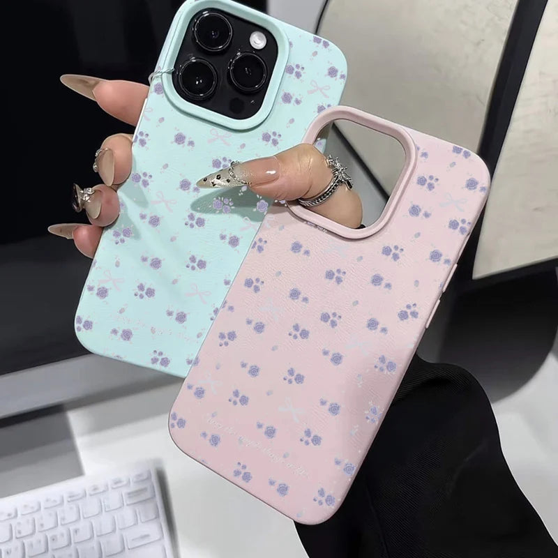 cute Phone Cases For iPhone 16 15 14 Pro Max 13 12 11 - Flower Lichee and Bowknots Pattern - Silicone Back Cover