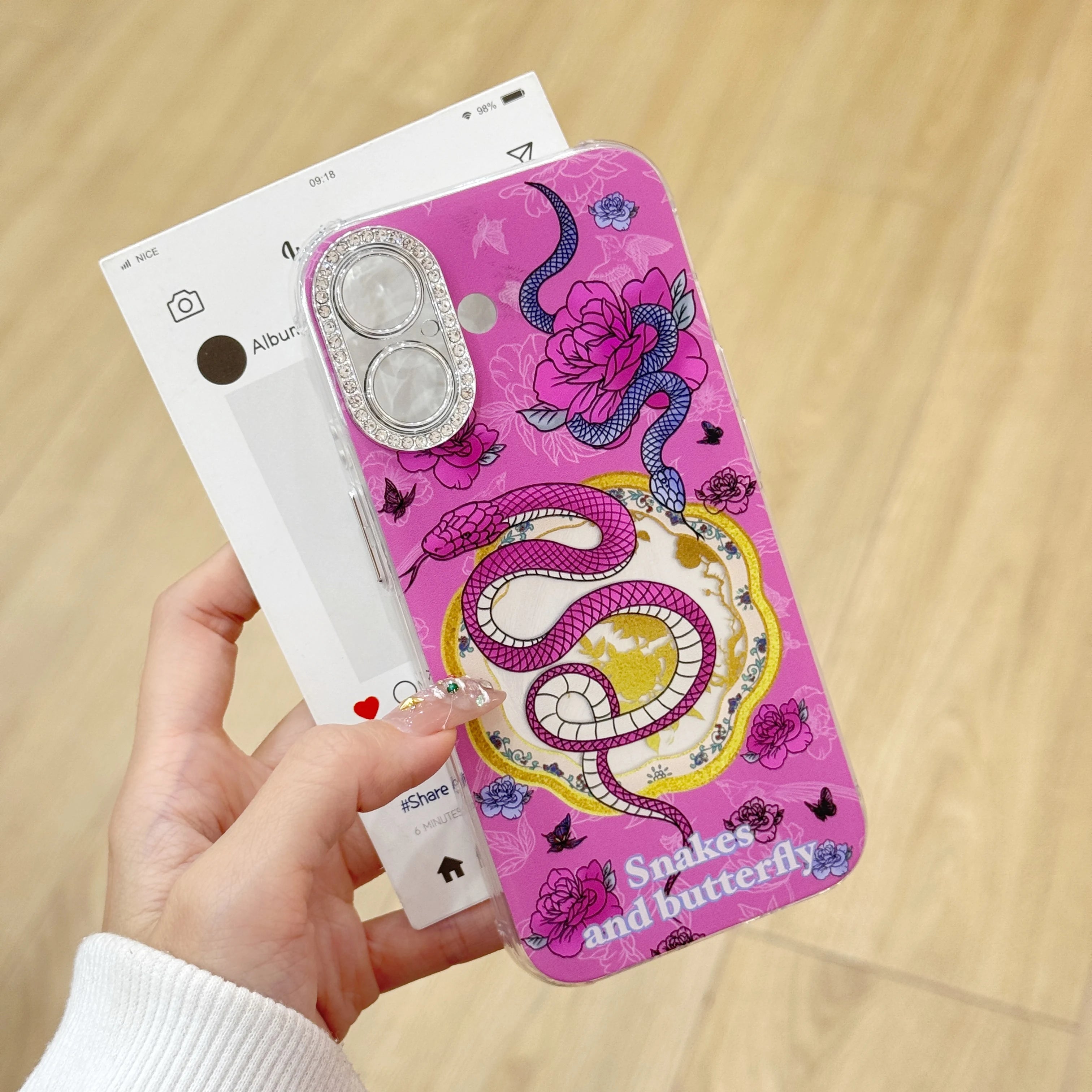 Cute Phone Cases For iPhone 16, 15, 14, 13 Pro Max - Rose Pink Snake &amp; Roses - Lens Protection Chic Back Cover - PC9140