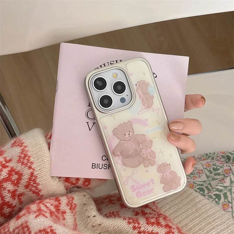 Cute Phone Cases For iPhone 16, 15, 14, 13 Pro Max - Silver Border, Cartoon Fairy Pink Bow Bear - Drip Glue Cover - CC0440 - Touchy Style