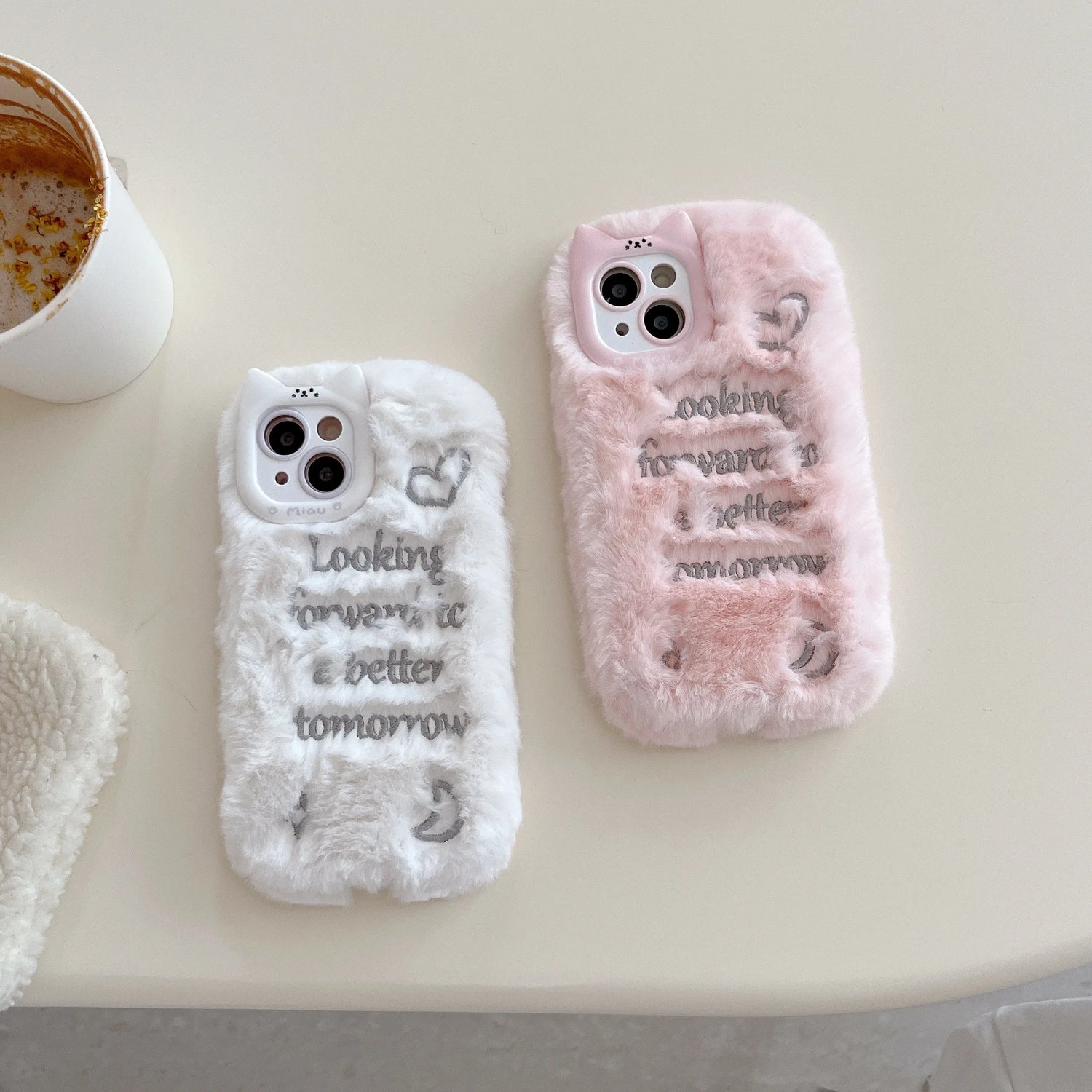 Cute Phone Cases For iPhone 16, 15, 14, 13 Pro Max - Pink &amp; White Fluffy with English Letter - Cat Ear Lens Frame - PC5330