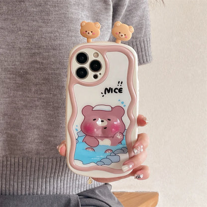 TSP88 Cute Phone Cases For iPhone 11, 12, 13, 14, 15 Pro Max - 3D Swimming Bear Frog Pattern - Wavy Cover