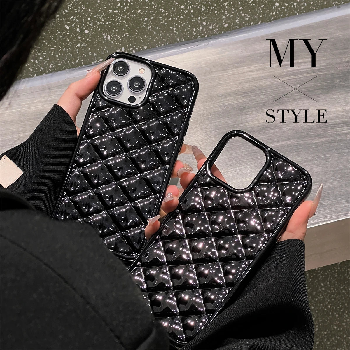 TSP23 Cute Phone Cases for iPhone 15 Pro Max, 14, 13, 11, and 12 Plus - Electroplate Black Fold Diamond Shape