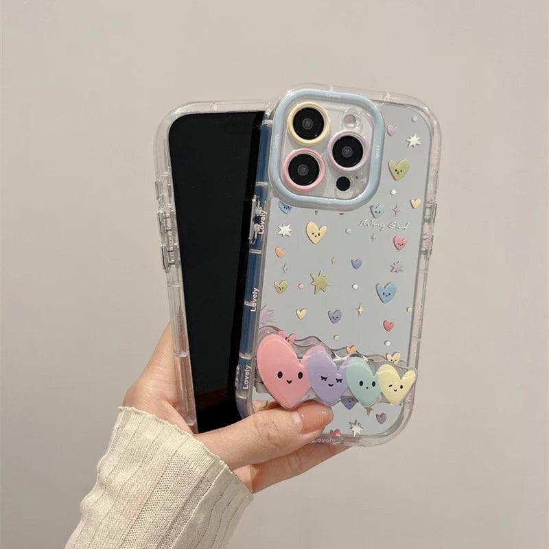 Cute Phone Cases - Stars &amp; Heart Mirror Hard Cover with Bracket for iPhone 15 Pro Max, 14, 13, 12, 11 - TSP295