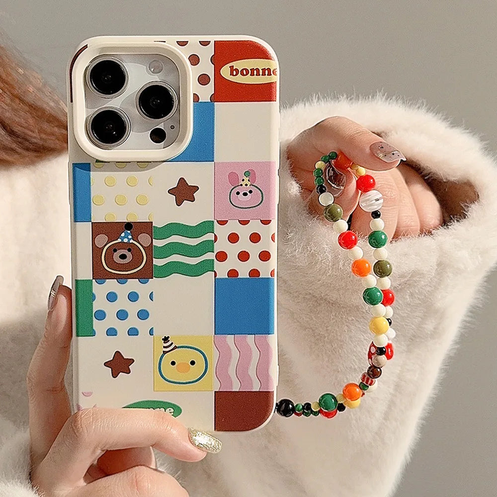 Cute Phone Cases For iPhone 16, 15, 14, 13, 12, 11 Pro Max, 16 Plus - Chocolate Bear, Pink Bunny Stripes, Dots Art - IC1440