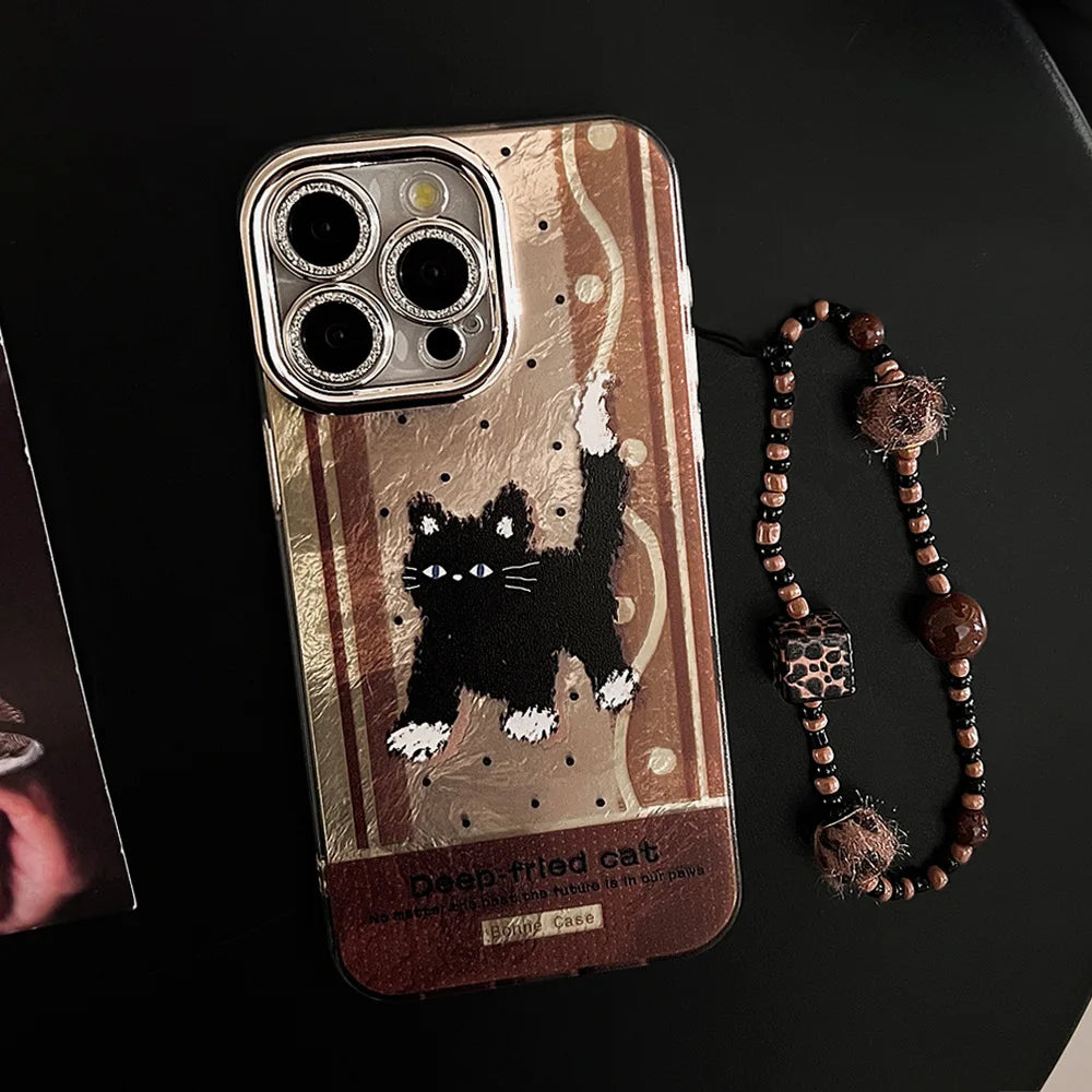 Cute Phone Cases For iPhone 16, 15, 14, 13, 12, 11 Pro Max - Anger Black Cat Plating Tin Foil Pattern - Cartoon Cover - CC6420 - Touchy Style