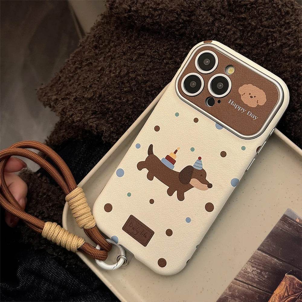 Cute Phone Cases For iPhone 16, 15, 14, 13 Pro Max - Leather Polka Dots Dog Back Cover with Wristchain - PC6411