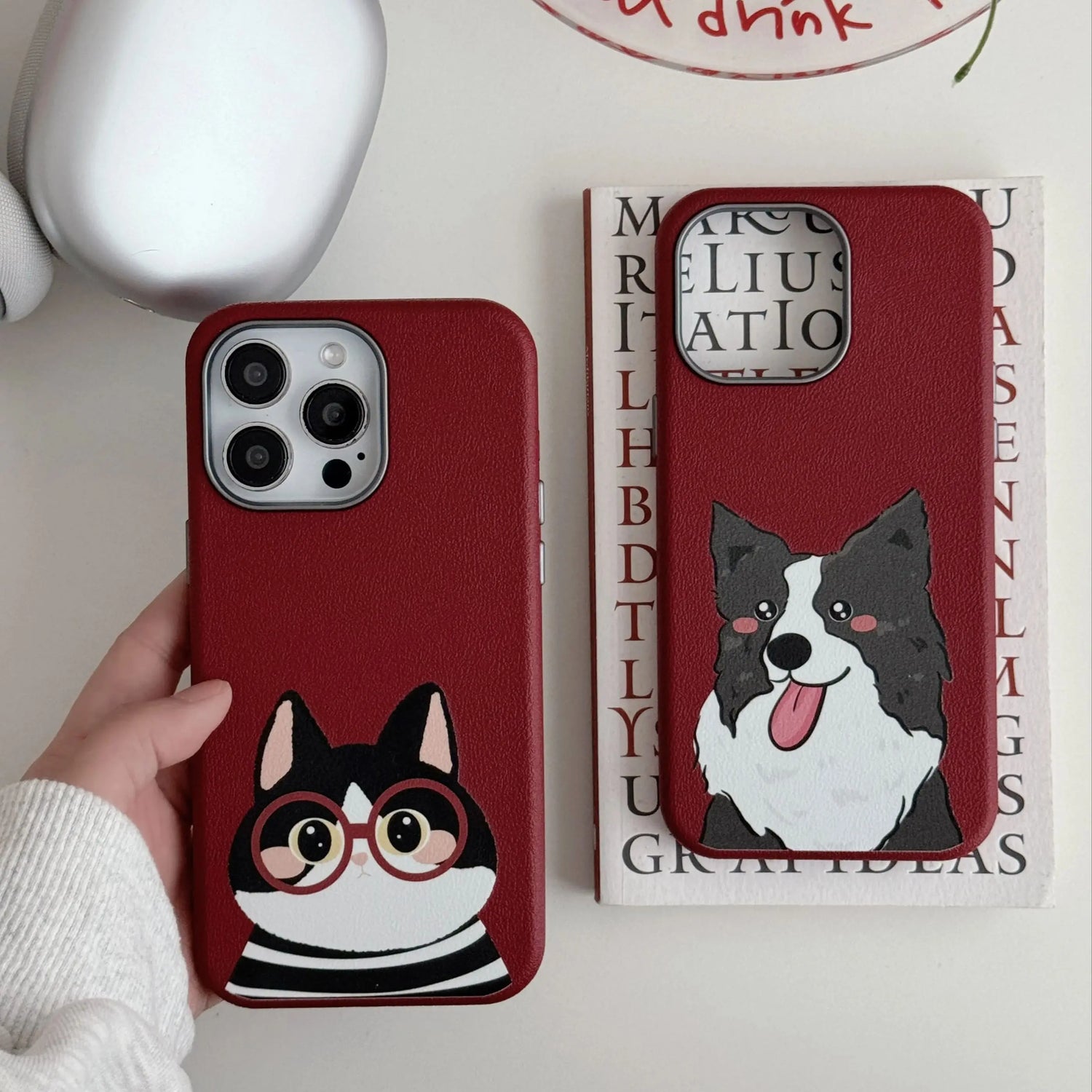 Cute Phone Cases For iPhone 16, 15, 14, 13 Pro Max - Cartoon Cat &amp; Dog Leather Texture Cover - Metal Lens Frame - PC1530