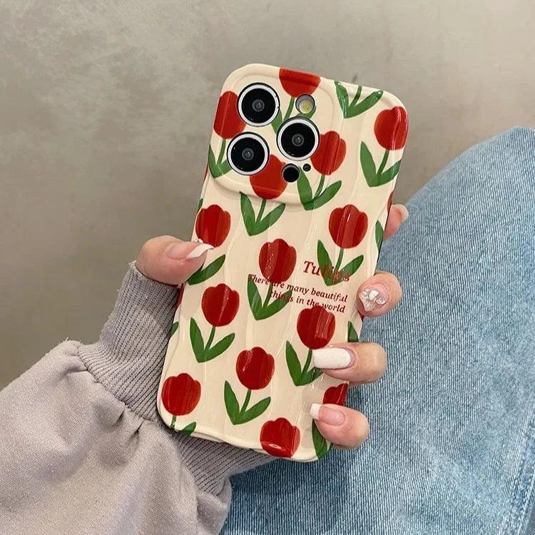 Cute Phone Cases For iPhone 11, 12, 13, 14, and 15 Pro Max - Beautiful Red Flower - Wavy Cover - TSP266