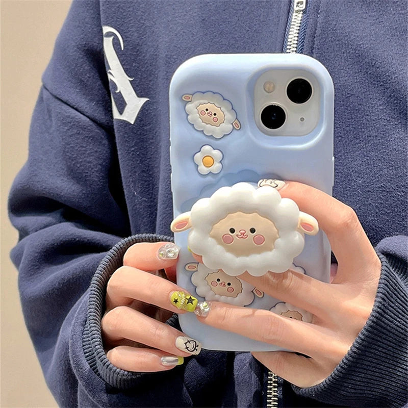 Cute Phone Cases For iPhone 15, 13, 14, 12 Pro Max, 11, and 14 Pro Max - White Sheep - Folding Stand Holder  - TSP253