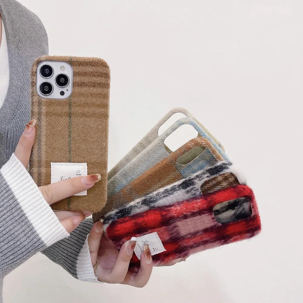 TSP80 Cute Phone Cases For iPhone 15, 11, 14 Pro Max, and 13, 12 - Stylish Woolen Plush Plaid Cover