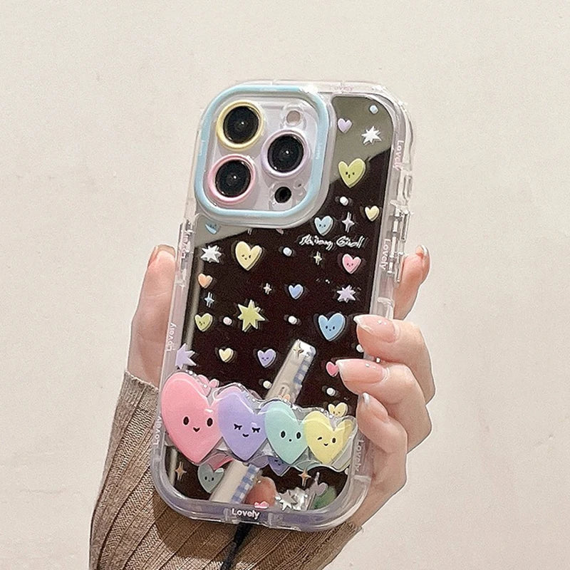 Cute Phone Cases - Stars &amp; Heart Mirror Hard Cover with Bracket for iPhone 15 Pro Max, 14, 13, 12, 11 - TSP295