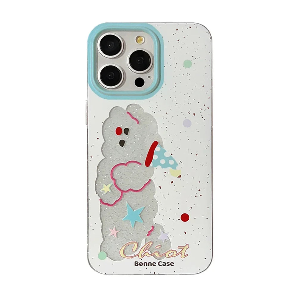 Cute Phone Cases For iPhone 16, 15, 14, 13, 12, 11 Pro Max, 15 Plus - Glitter Lazy Party Puppy - Transparent Cover - IC4011