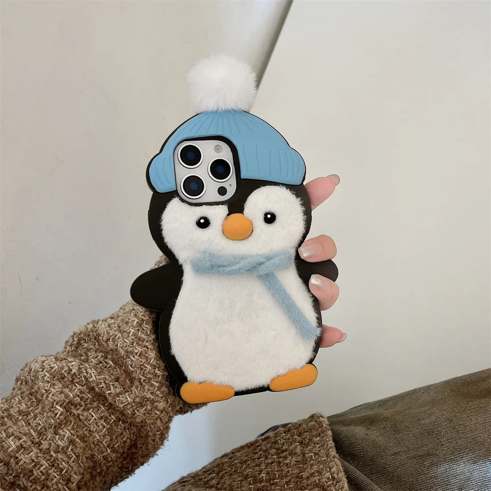 Cute Phone Cases For iPhone 16, 15, 14, 13, 11, 12 Pro Max - Funny 3d Plush Penguin and Puppy Silicone Cover - IC1021