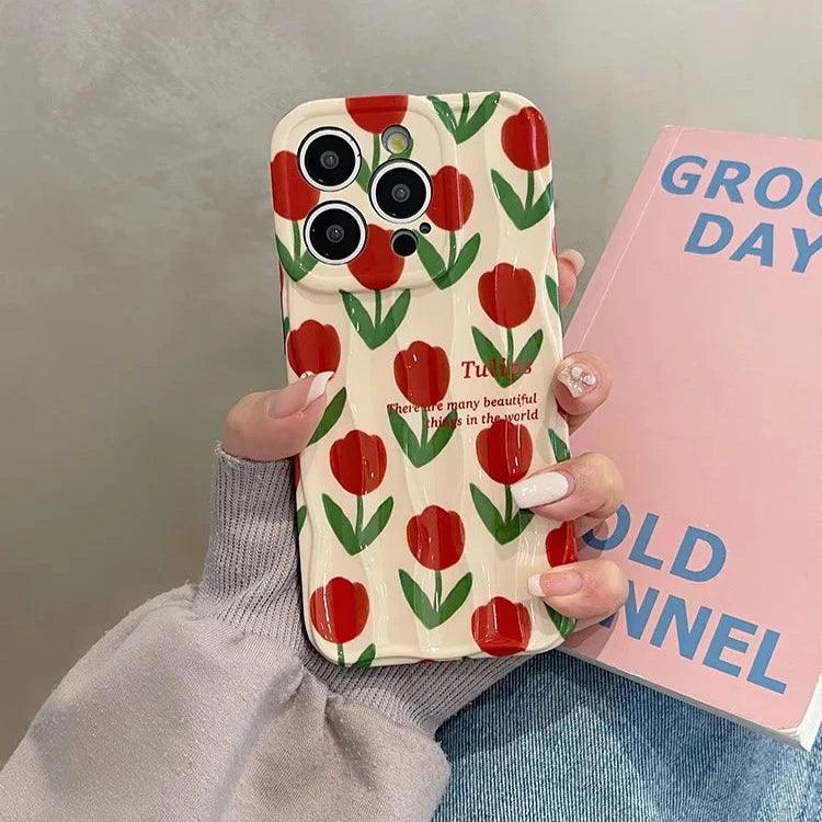 Cute Phone Cases For iPhone 11, 12, 13, 14, and 15 Pro Max - Beautiful Red Flower - Wavy Cover - TSP266