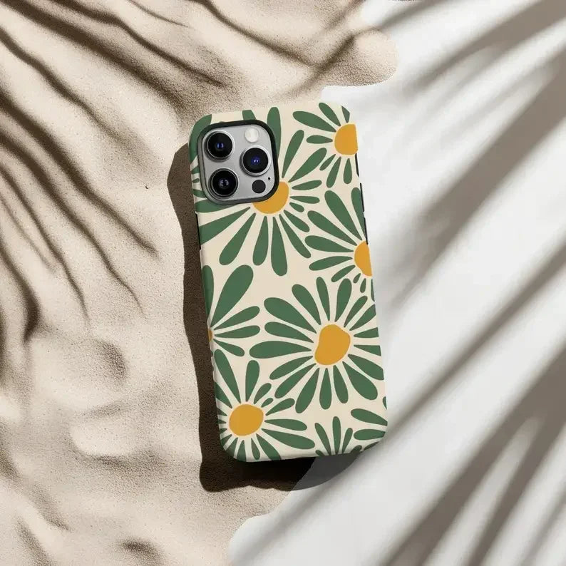 Cute Phone Cases For iPhone16ProMax 15 14 13 12 11 PRO Plus - Green Retro Daisy Floral - Acrylic TPU Cover