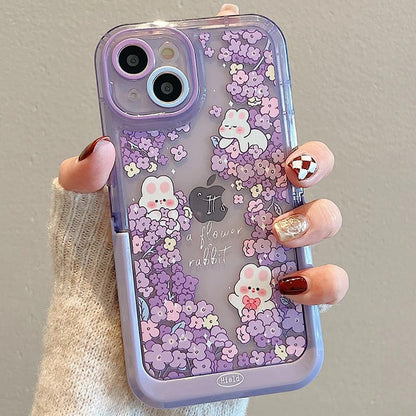 Purple Flowers Rabbit Cute Phone Cases with Stand Holder for iPhone 14 Pro Max 13 11 12 14 Plus